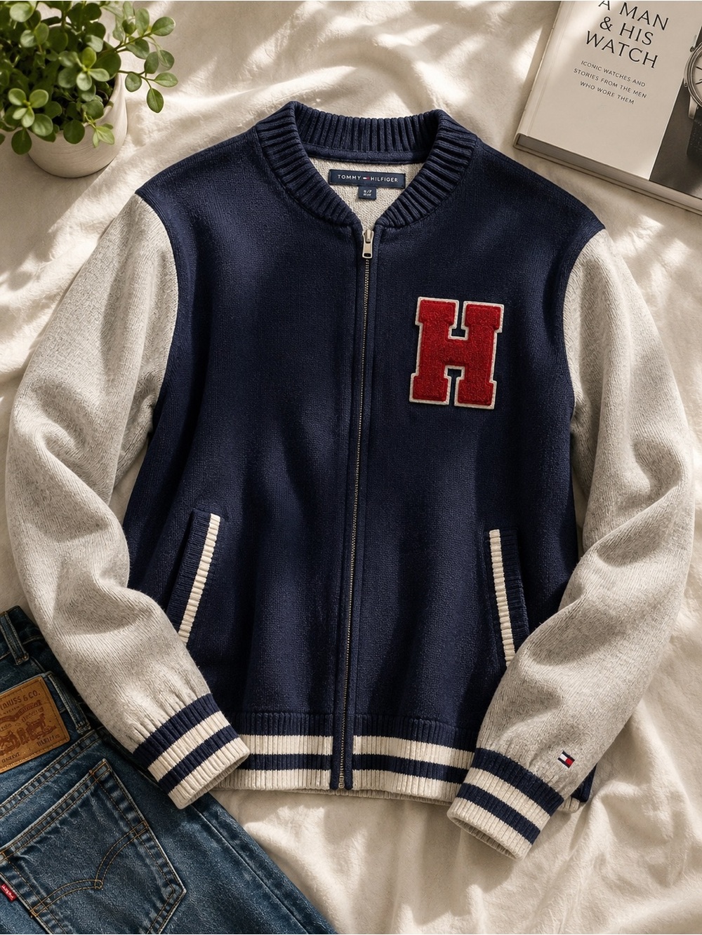 Tommy Hilfiger Varsity Zip Up Sweater Navy Gray Collegiate Bomber Small